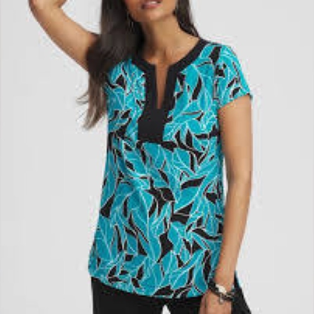 Chico's Travelers Cap Sleeve Kurta Blue and Black Leaf Print Women's Top size S